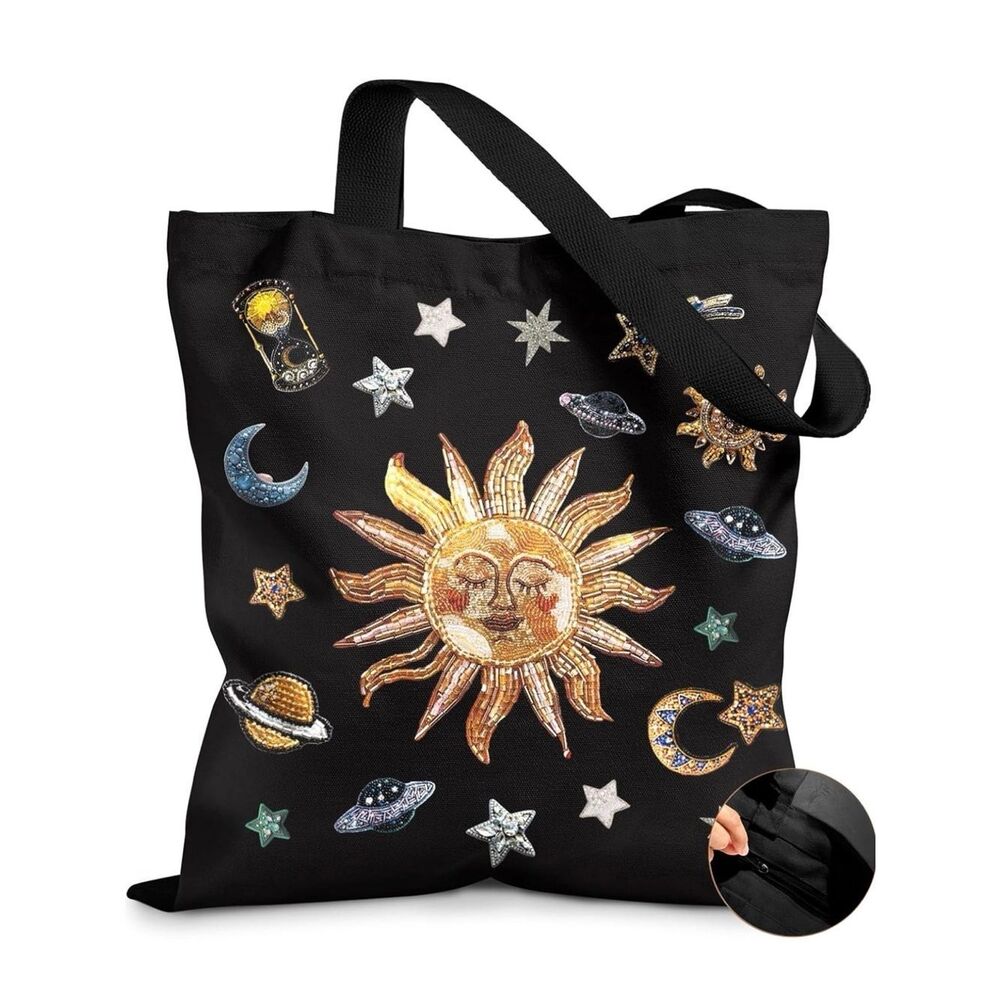 NEW Black Sun & Stars Embellished Print Tote Bag